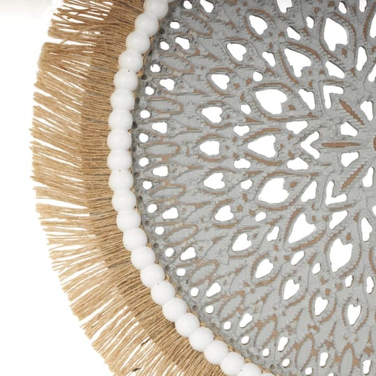 17.75" Gray Wooden Tribal Handmade Seagrass Fringed Decorative Sculpture with Black Base